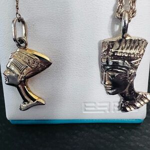Egyptian Queen Nefertiti Pendant Necklace Pair - Gold & Silver Tones